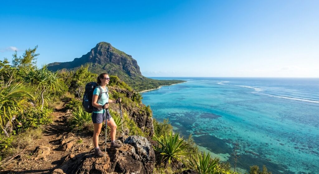 Vue panoramique depuis le sommet du Morne Brabant sur le lagon de l'île Maurice