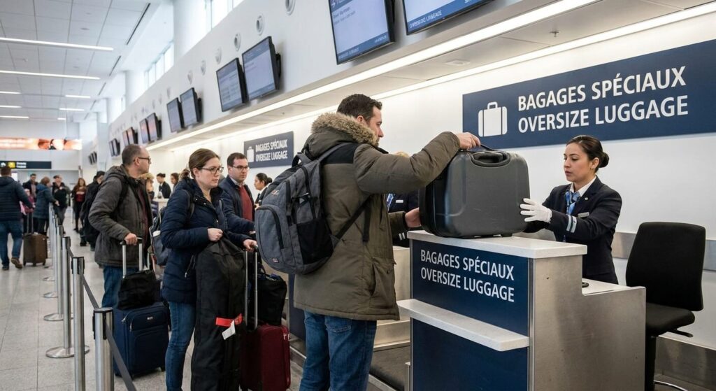 Parent déposant un porte-bébé rigide au comptoir d'enregistrement des bagages spéciaux