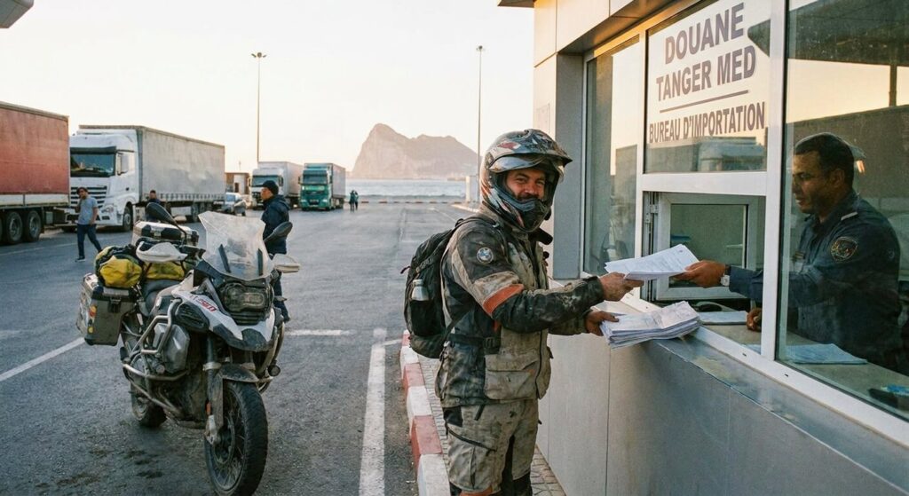 Motard présentant ses documents d'importation au bureau de douane de Tanger Med