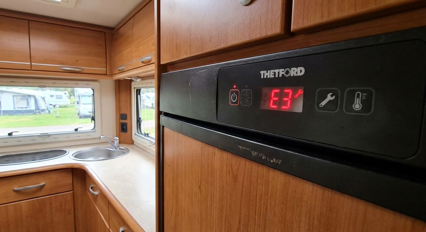 Écran de contrôle d'un réfrigérateur Thetford affichant un code d'erreur rouge dans un camping-car