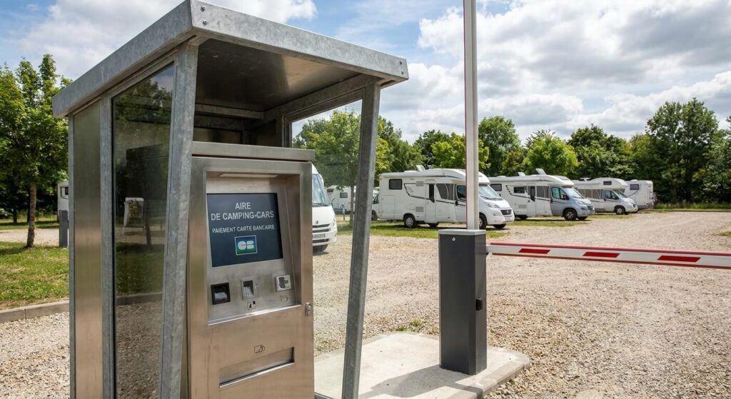 Borne de paiement automatique à l'entrée d'une aire de stationnement pour camping-cars