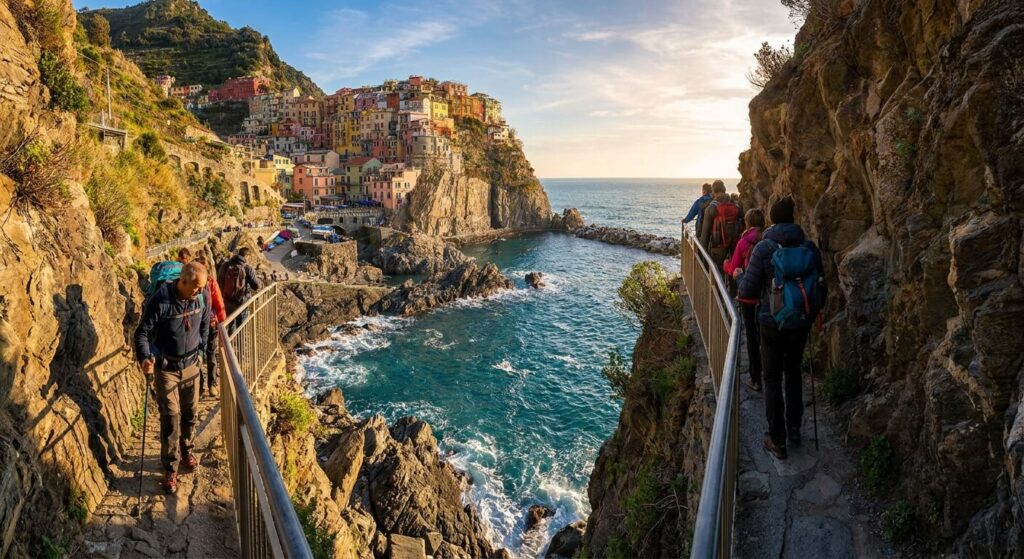 Randonneurs sur un sentier étroit et escarpé surplombant la mer aux Cinque Terre
