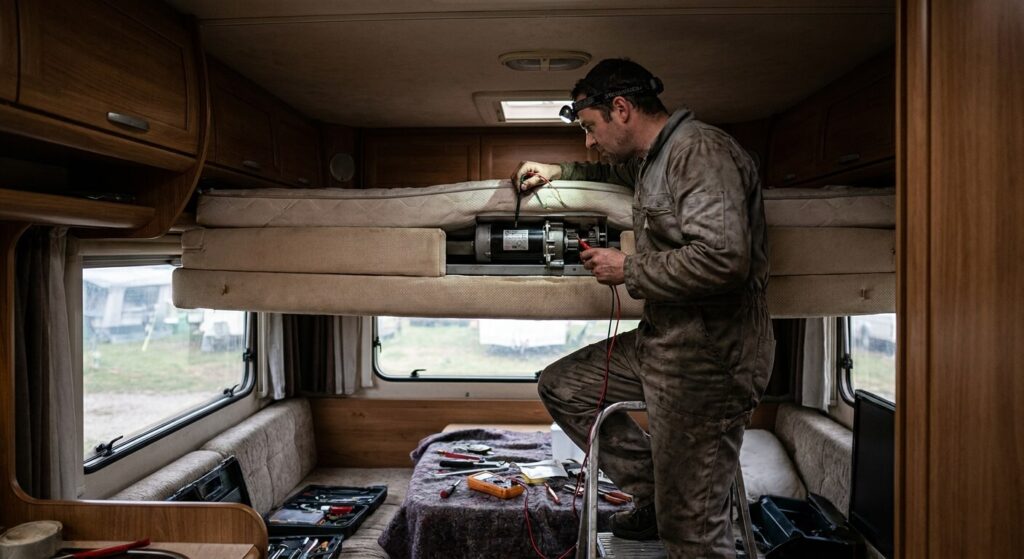 Mécanicien inspectant le moteur électrique d'un lit pavillon coincé au plafond d'un camping-car