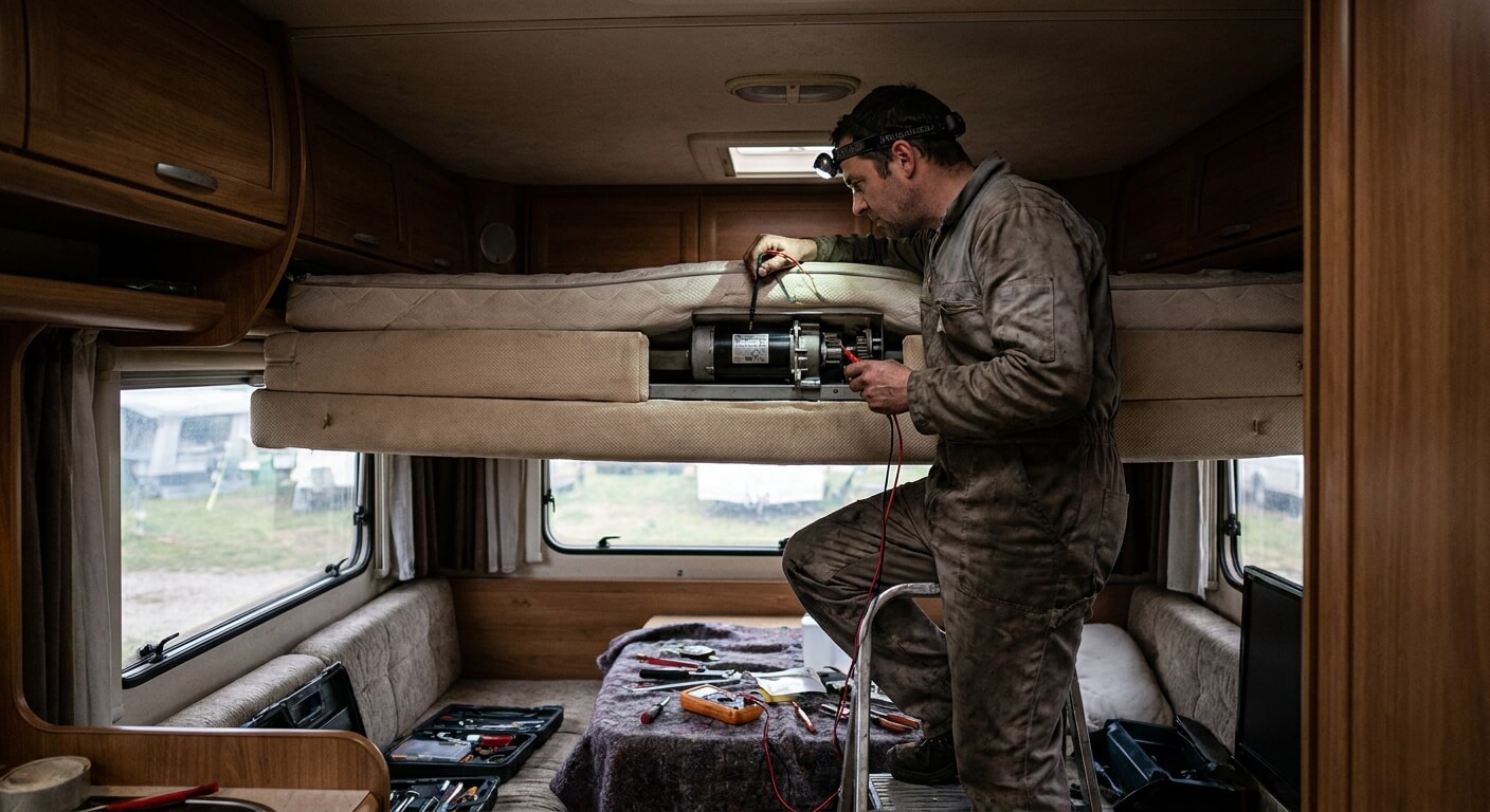 Mécanicien inspectant le moteur électrique d'un lit pavillon coincé au plafond d'un camping-car