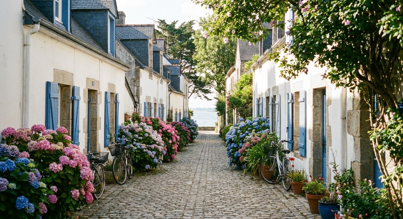 Ruelle typique aux maisons blanches fleuries d'hortensias sur l'Île aux Moines