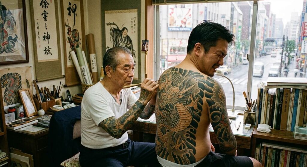 Artiste tatoueur japonais réalisant un motif traditionnel Irezumi dans son studio de Tokyo
