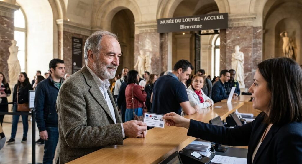 Enseignant français présentant son Pass Education à l'accueil d'un grand musée européen