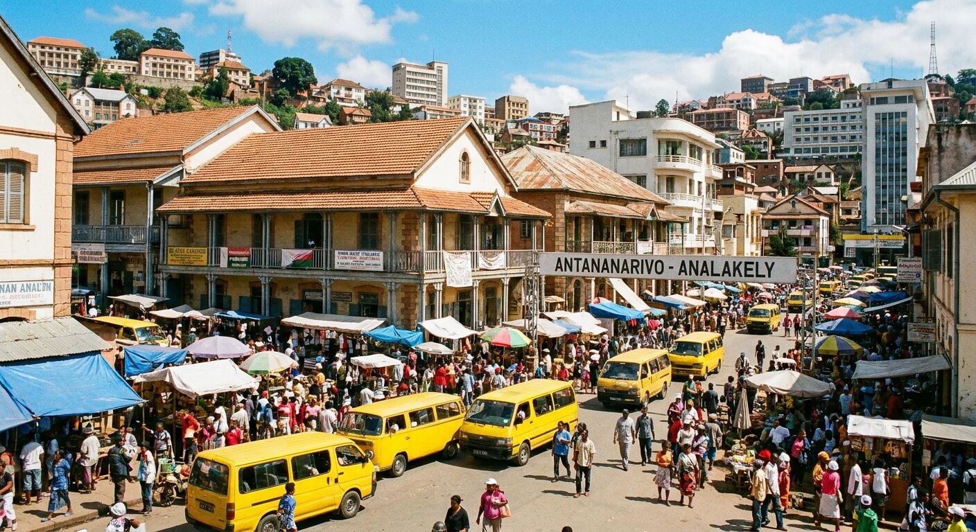 Vue animée et colorée du centre-ville d'Antananarivo en plein jour