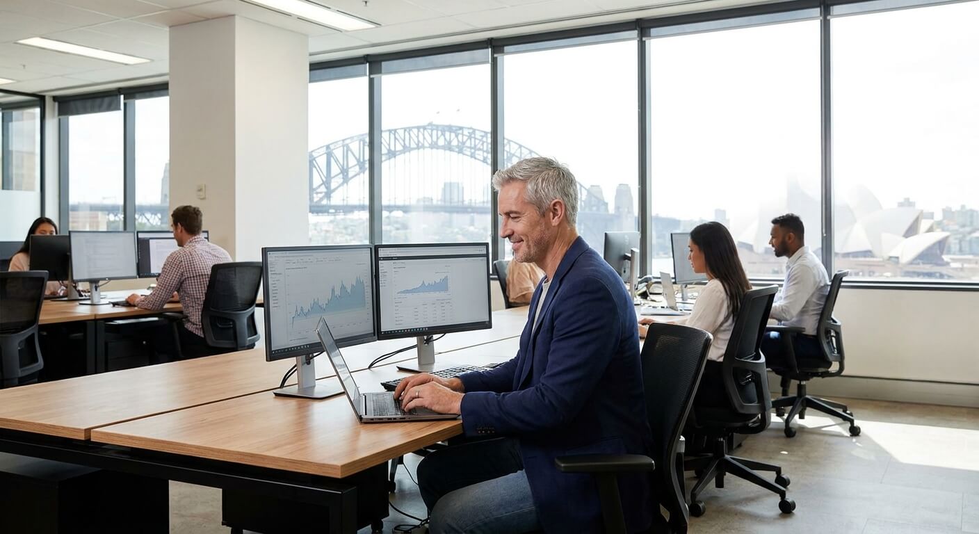 Professionnel expérimenté de plus de 40 ans travaillant sereinement dans un bureau moderne à Sydney