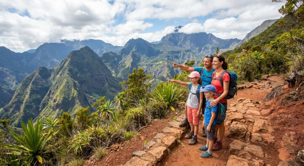Une famille avec enfants admirant le panorama sur les montagnes depuis un sentier de randonnée à l'île de la Réunion.