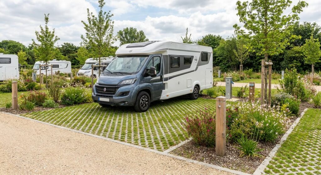 Emplacements stabilisés et végétalisés pour camping-cars dans une aire d'accueil privée