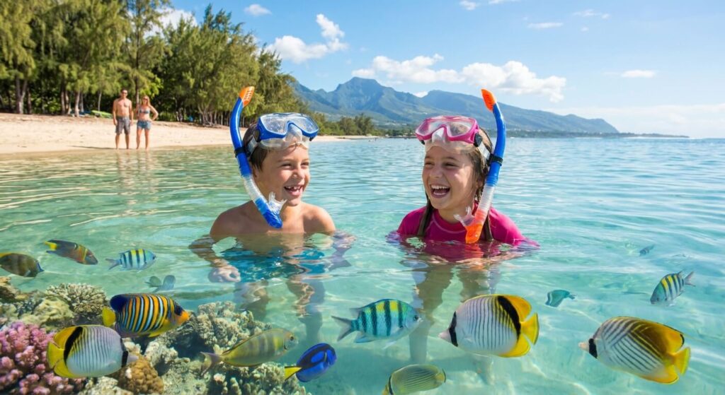 Enfants jouant avec masque et tuba dans les eaux calmes et sécurisées du lagon de l'Hermitage.