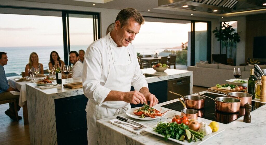 Chef cuisinier privé préparant un dîner gastronomique sur mesure dans la cuisine ouverte d'une maison de vacances.