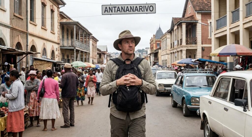 Touriste marchant prudemment avec son sac fermé dans les rues de la capitale malgache