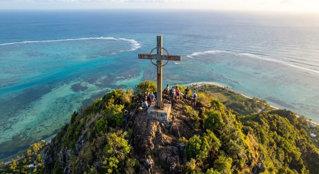 La croix métallique marquant le sommet majestueux de la montagne du Morne à l'île Maurice