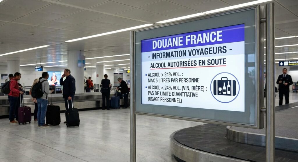 Panneau d'information douanière dans un aéroport indiquant les limites d'alcool autorisées en soute