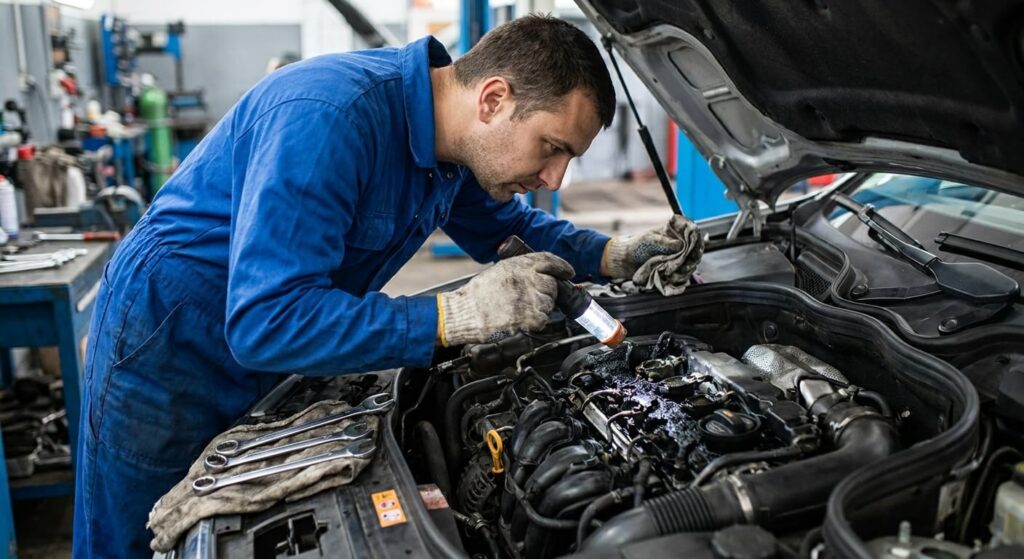 Mécanicien inspectant une fuite de calamine noire autour des injecteurs sur un moteur CDI