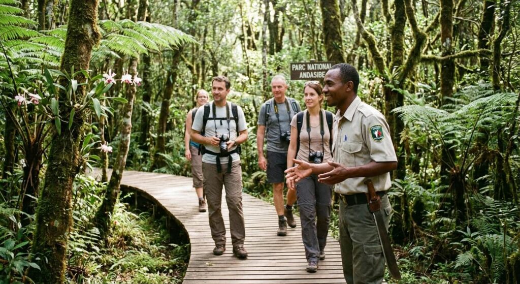 Guide local malgache accompagnant des voyageurs dans un parc national luxuriant de manière sécurisée