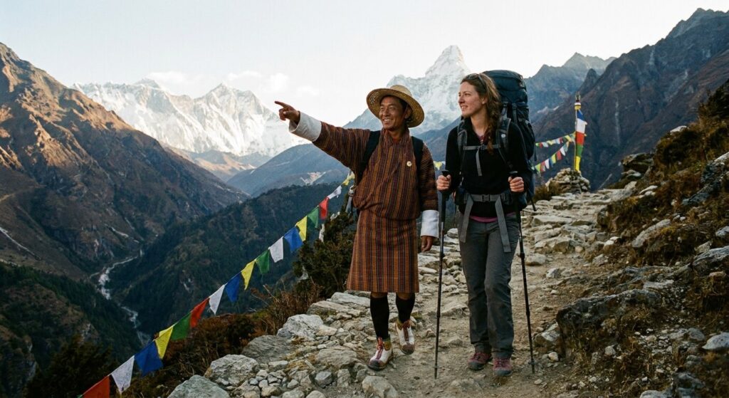 Un guide local bhoutanais accompagnant un randonneur sur un sentier de l'Himalaya