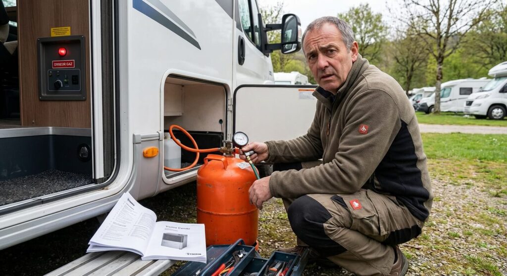 Chauffe eau truma voyant rouge : causes et solutions de dépannage 3 Propriétaire de camping-car vérifiant la pression de la bouteille de gaz suite à une panne de chauffe-eau