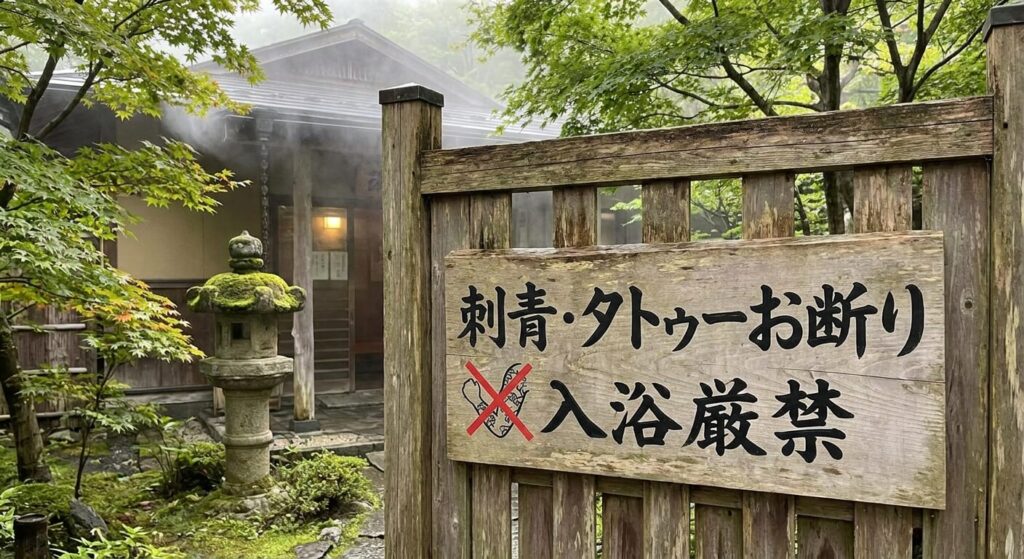 Panneau signalétique à l'entrée d'un onsen japonais interdisant strictement l'accès aux personnes tatouées
