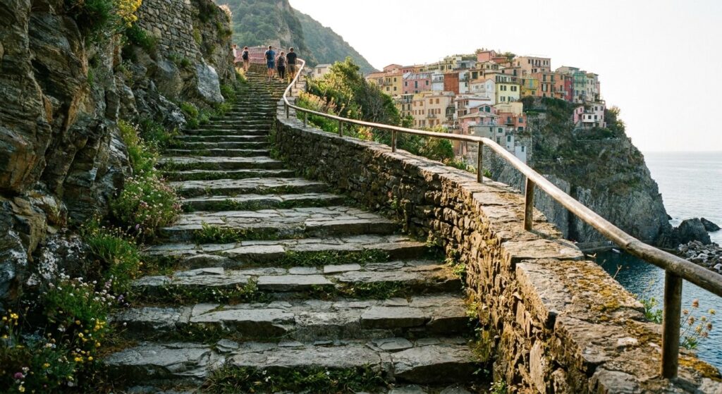 Longue volée de marches en pierre irrégulières sur le sentier Azzurro en Italie