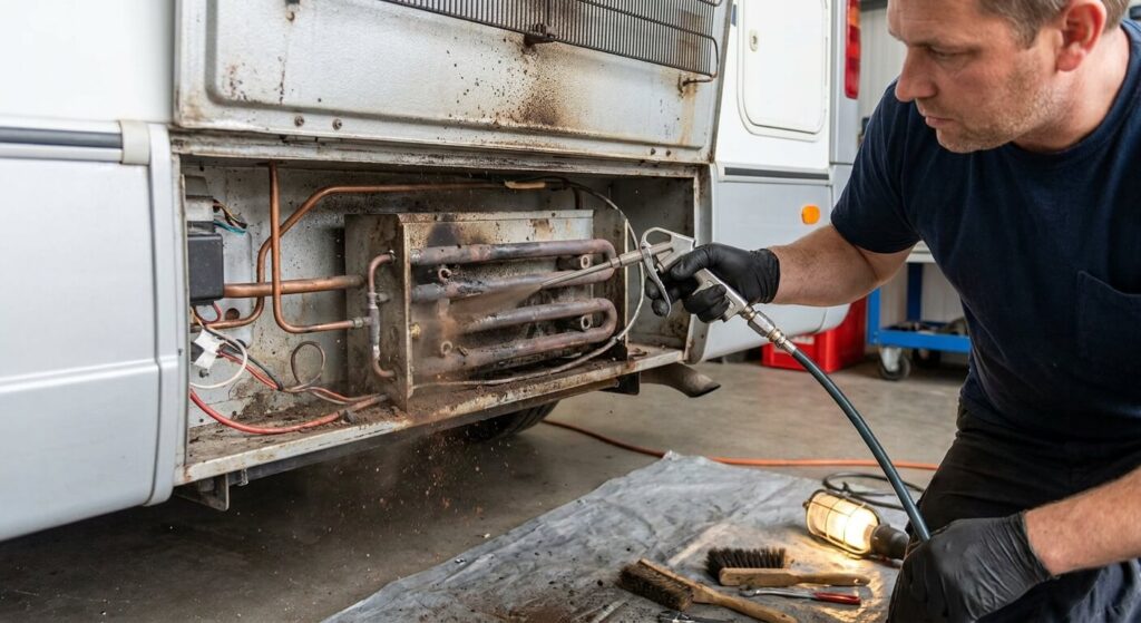 Nettoyage minutieux du brûleur gaz à l'arrière d'un frigo de camping-car avec une soufflette