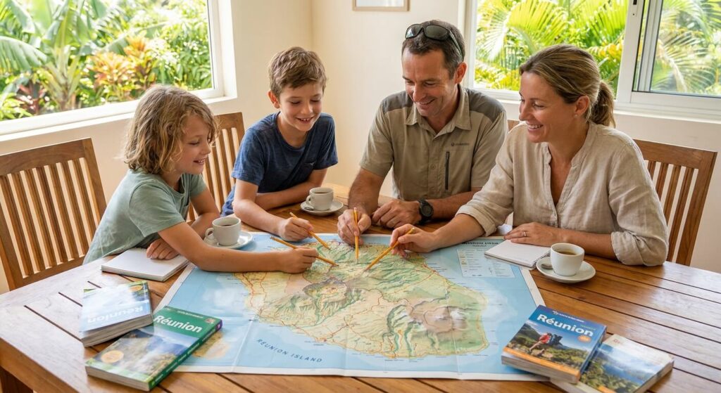 Parents et enfants préparant leur itinéraire sur une carte de l'île de la Réunion pour une aventure mémorable.