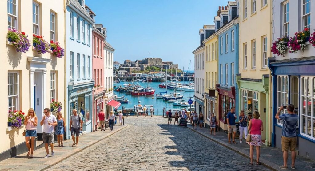 Jersey ou Guernesey pour une journée : Quelle île anglo-normande choisir ? 3 Ruelles pittoresques et port de Saint Peter Port sur l'île de Guernesey sous un ciel ensoleillé