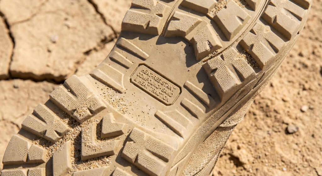 Gros plan sur la semelle d'une chaussure de désert résistant à la chaleur