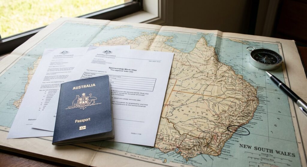 Passeport et documents de visa de travail de sponsor australien posés sur une carte géographique