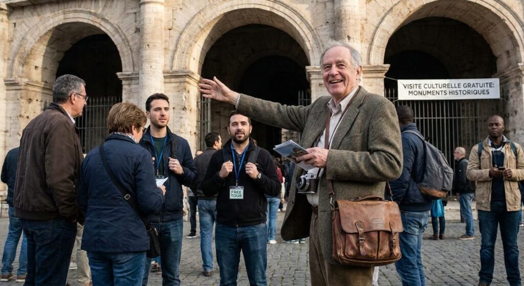 Professeur profitant d'une visite culturelle gratuite d'un monument historique lors d'un voyage