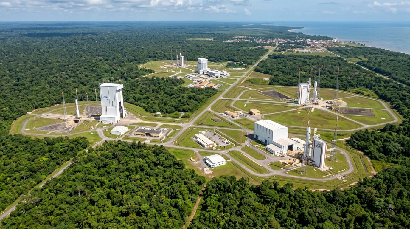 Vue aérienne du Centre Spatial Guyanais situé à Kourou, entouré par la forêt amazonienne
