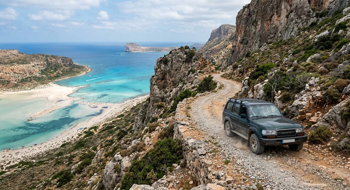 Voiture roulant doucement sur la piste caillouteuse longeant la falaise pour rejoindre Balos