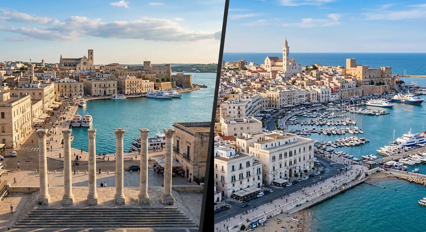 ecran scindé entre deux villes : Brindisi à gauche et Bari à droite