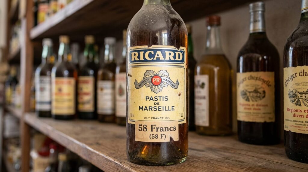Ancienne bouteille de pastis Ricard d'un litre avec une étiquette affichant un prix en francs français