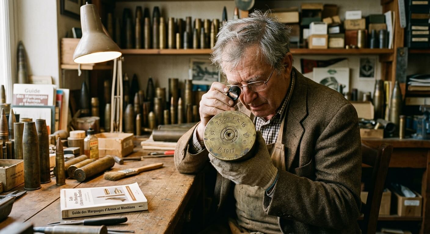 Collectionneur examinant les marquages techniques frappés sur le culot en laiton d'une douille