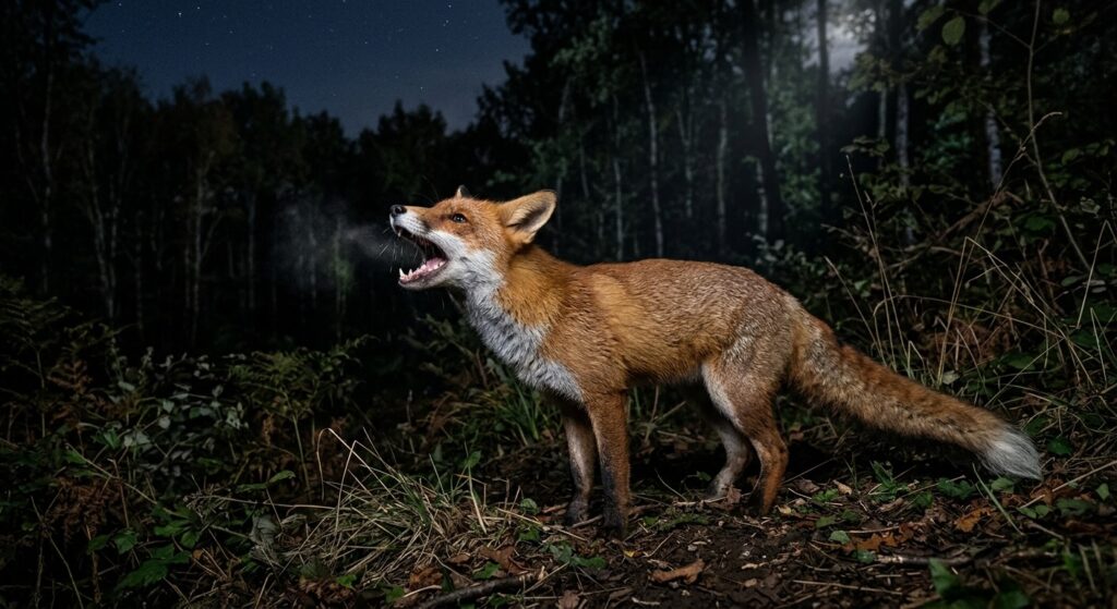 Renard roux observé de nuit à l'orée d'un bois, gueule ouverte en train de glapir