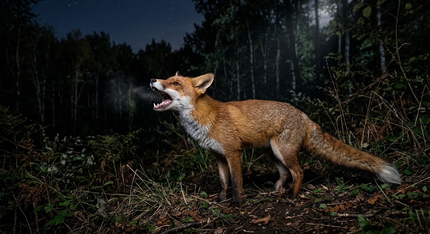 Renard roux observé de nuit à l'orée d'un bois, gueule ouverte en train de glapir