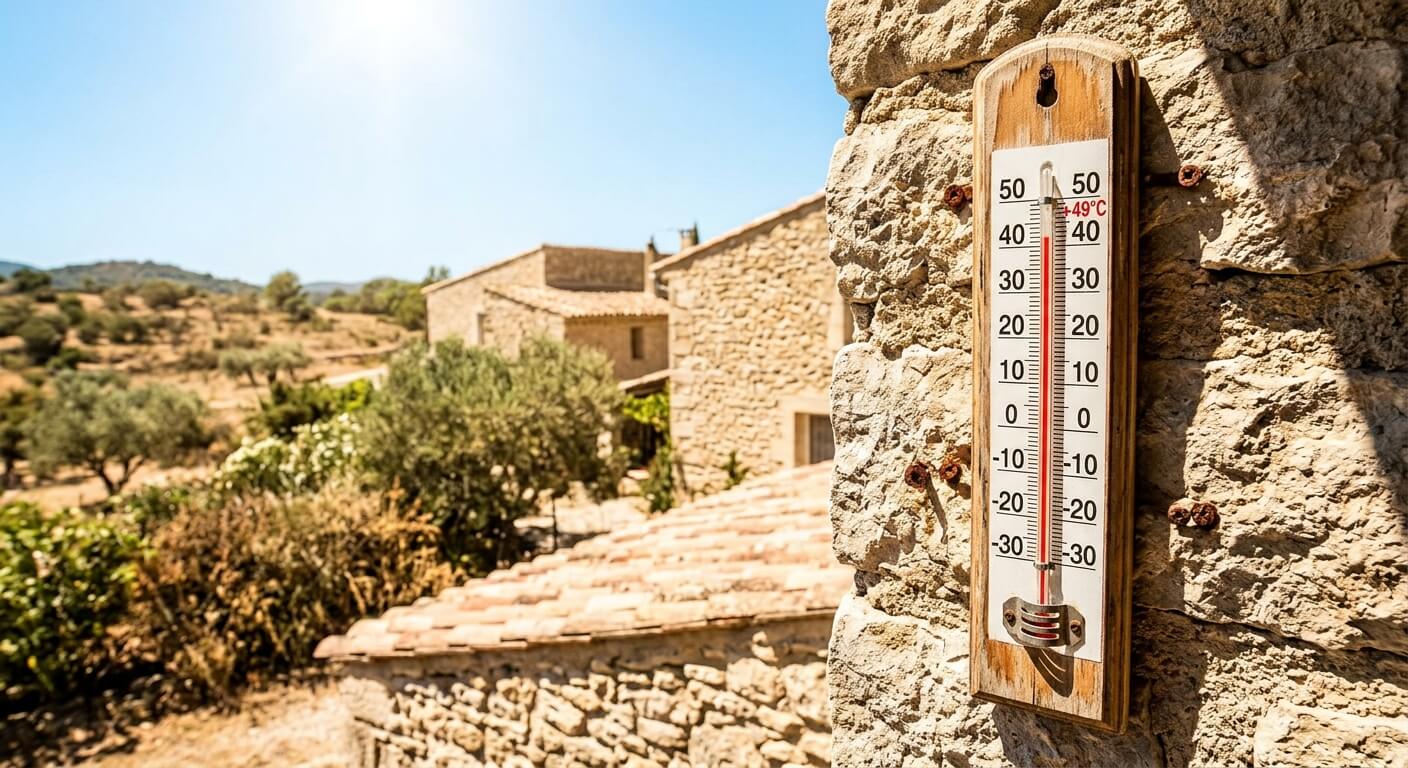 Thermomètre extérieur affichant une température extrême sous exposition directe.