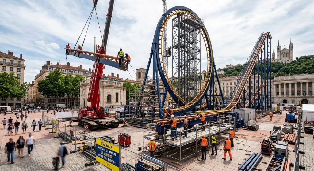 Montage d'une structure de manège à sensations fortes sur une place publique.