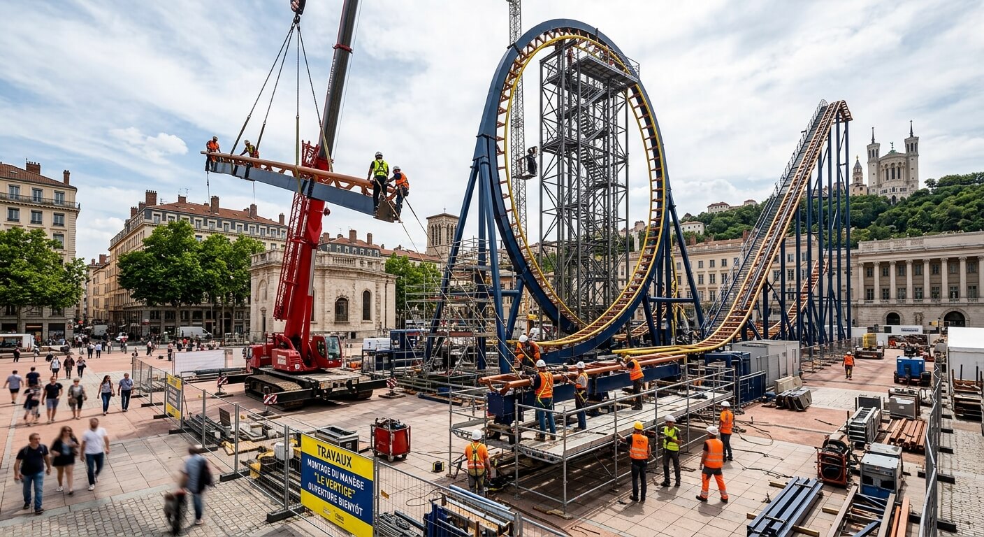 Montage d'une structure de manège à sensations fortes sur une place publique.