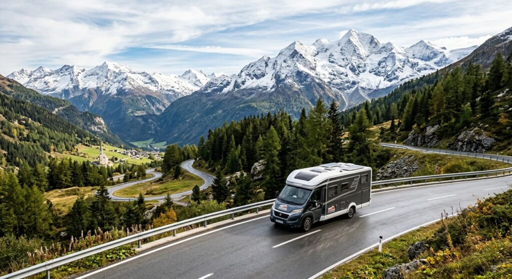 Camping-car circulant sur une route panoramique face aux sommets enneigés du Tyrol.