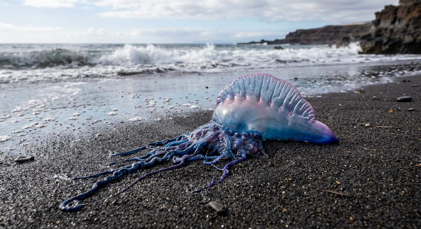 Méduse de type Caravelle portugaise échouée sur une plage de sable noir.