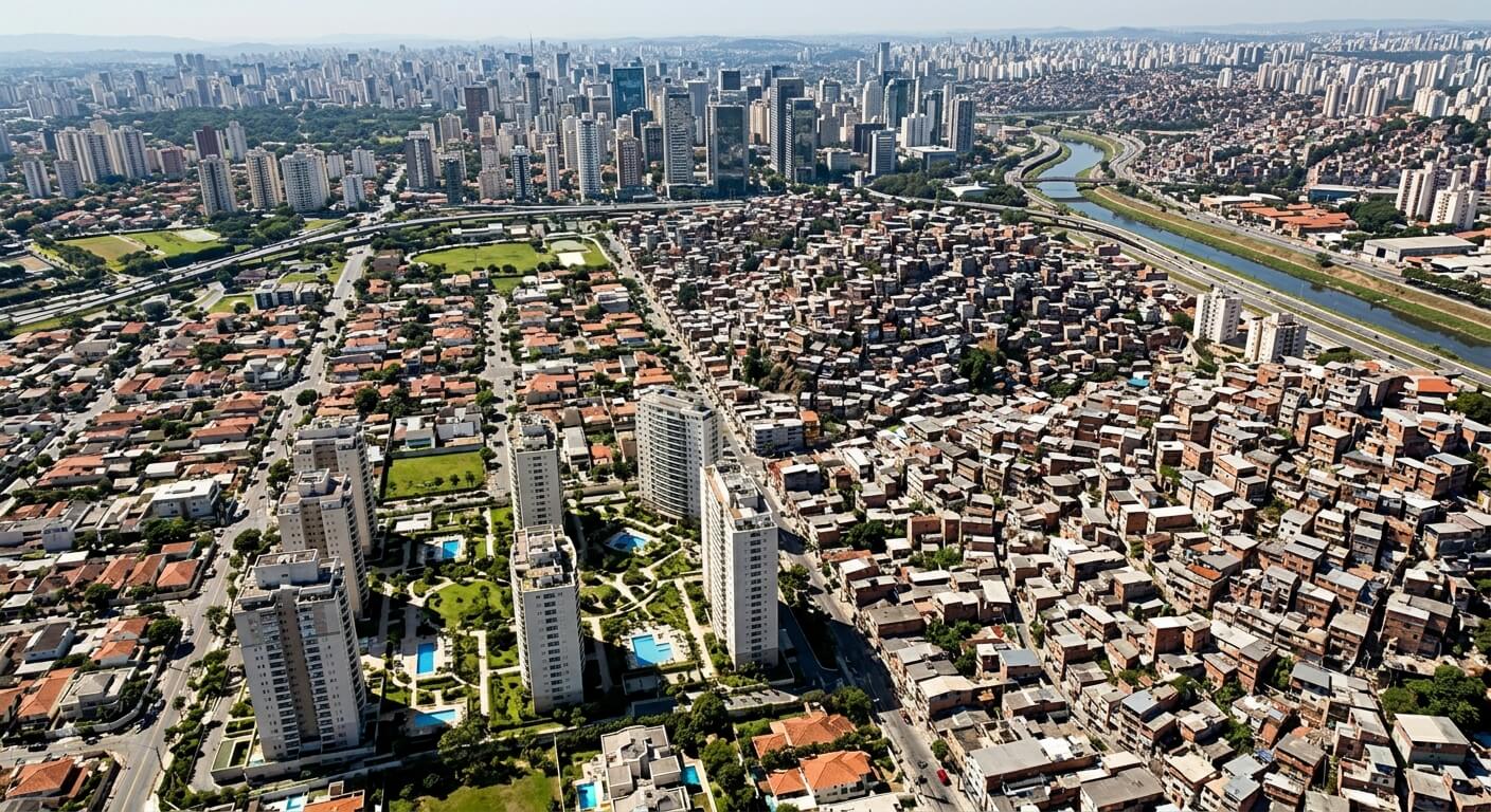 Vue d'ensemble de la métropole montrant les contrastes entre zones résidentielles et quartiers populaires.