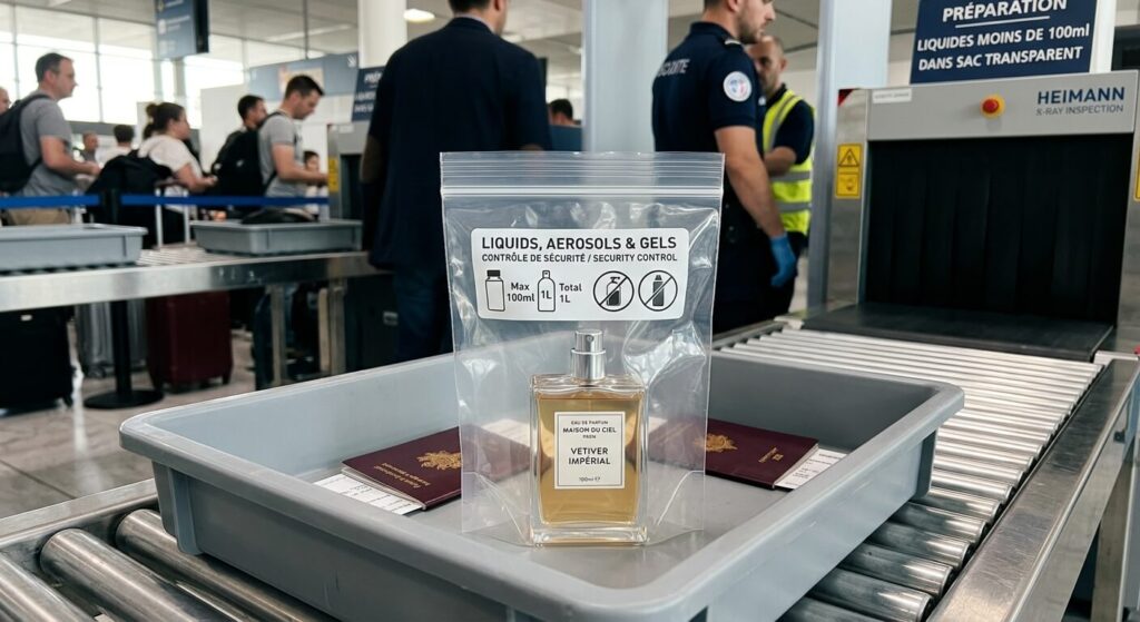 Flacon de parfum placé dans un sac plastique transparent pour le contrôle de sécurité.
