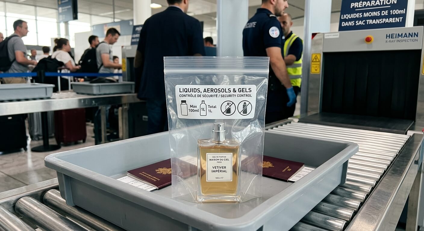 Flacon de parfum placé dans un sac plastique transparent pour le contrôle de sécurité.