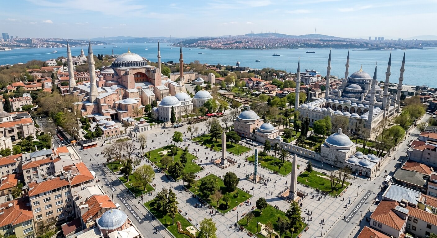 Vue aérienne de la basilique Sainte-Sophie et de la Mosquée Bleue séparées par la place Sultanahmet.
