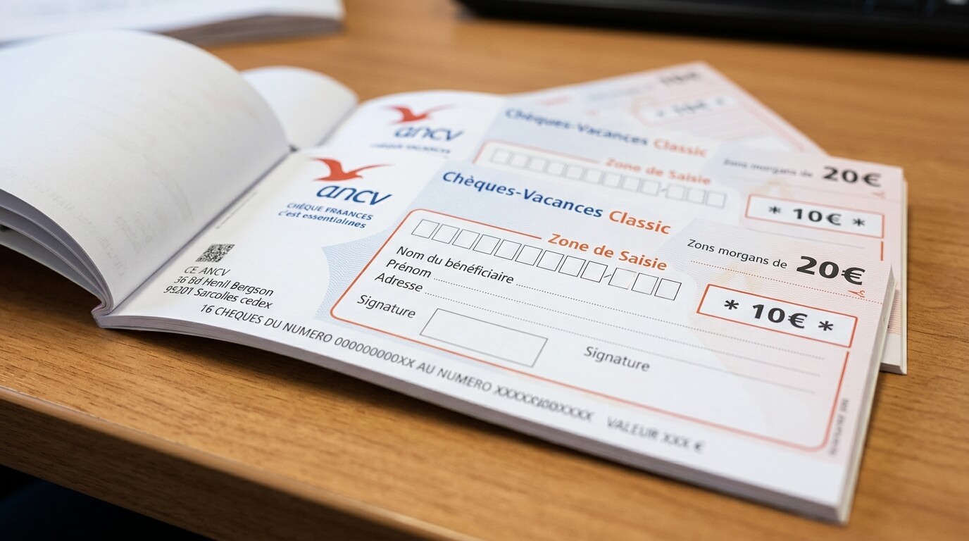 Gros plan sur un carnet de Chèques-Vacances Classic montrant les zones de saisie.