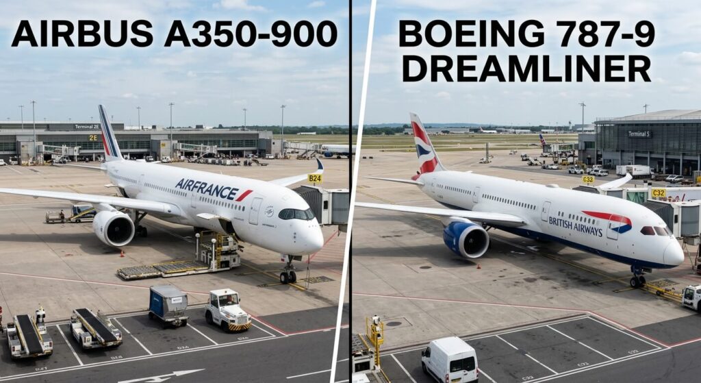 Aéronautique et pilotage : quelle est la réelle différence airbus boeing ? 2 Comparaison visuelle entre un Airbus un Boeing en écran scindé.